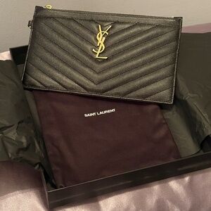 Saint Laurent YSL Monogram Pouch w Chain Black Grain De Poudre Box Dust Bag